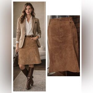 Suede Leather A-Line Skirt Size 12 Tan Midi